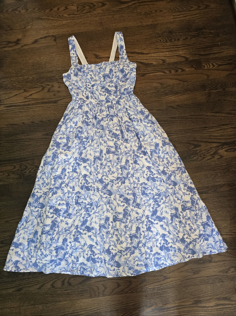 Quince 100% European Linen Fit & Flare Midi Dress, Blue & White, Small